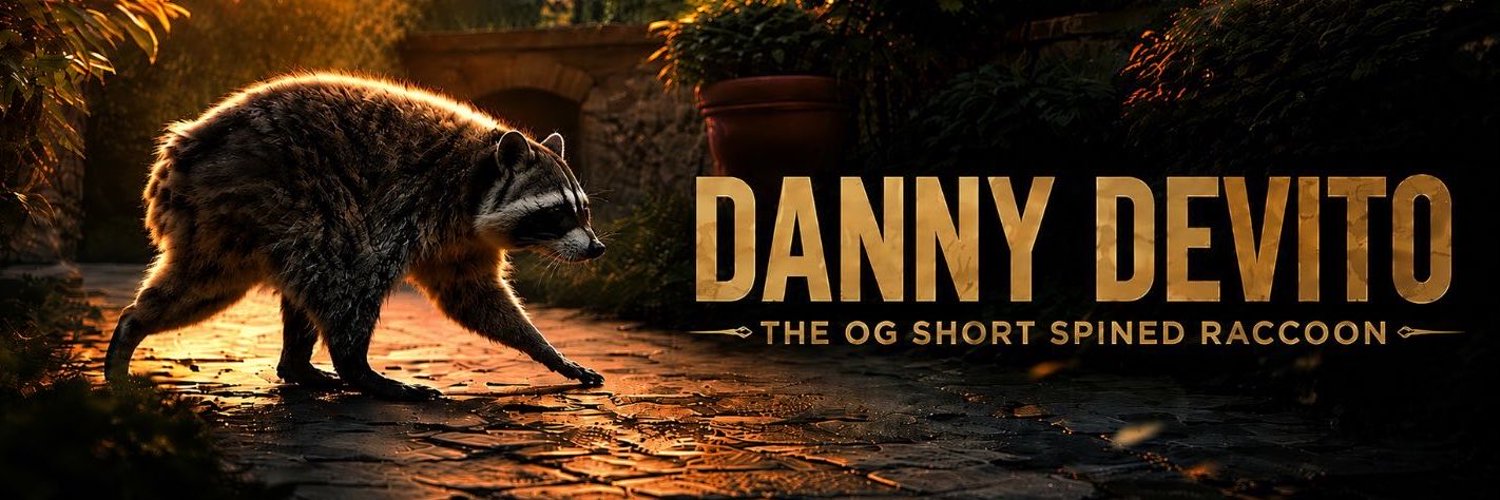 Danny DeVito the raccoon walking on wet cobblestone at golden hour